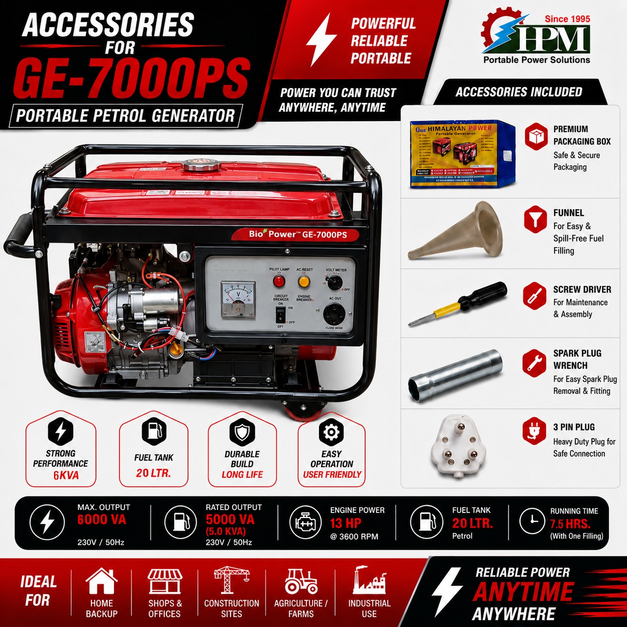 6 KVA Portable Petrol Generator, Model GE-7000PS